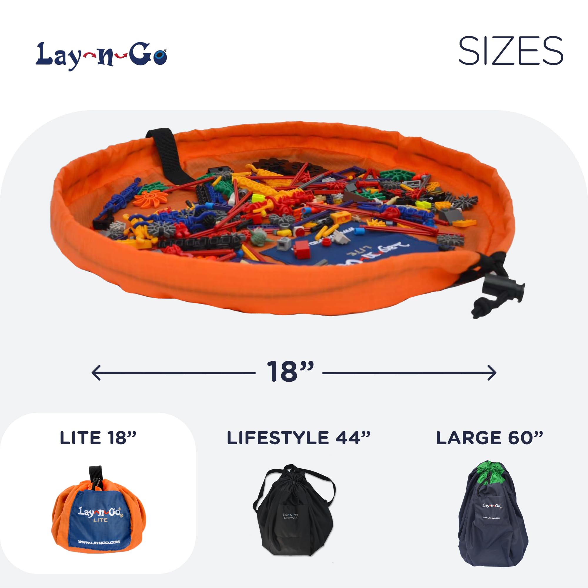 Lay-n-Go 4-in-1 Drawstring Toy Storage Organizer Mat - Durable Machine Washable Drawstring Bag for Lego & Other Toys - Easy-to-Clean Pull String Bag w/Pocket & Raised Lip (18, Orange/Blue)