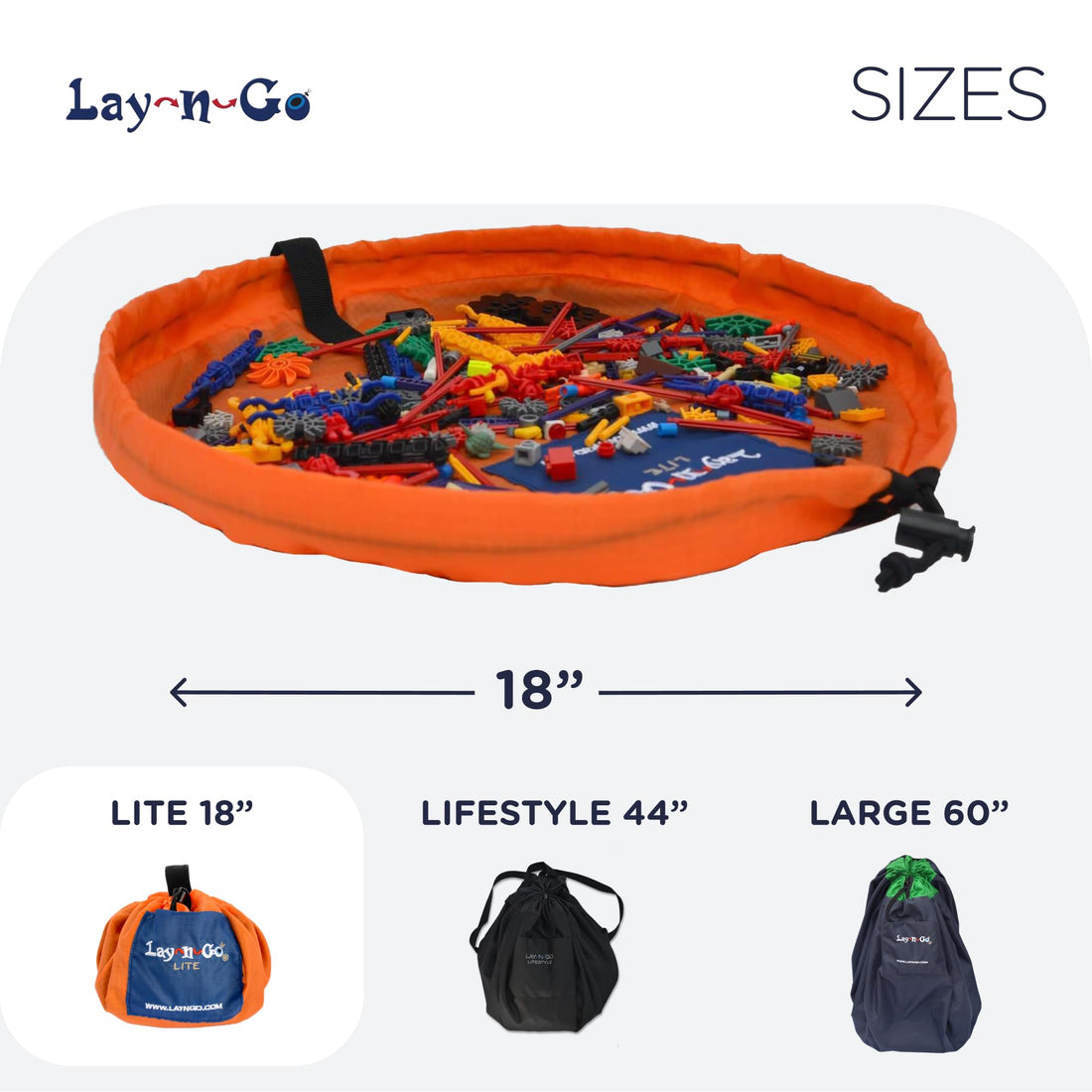 Lay-n-Go 4-in-1 Drawstring Toy Storage Organizer Mat - Durable Machine Washable Drawstring Bag for Lego & Other Toys - Easy-to-Clean Pull String Bag w/Pocket & Raised Lip (18, Orange/Blue)