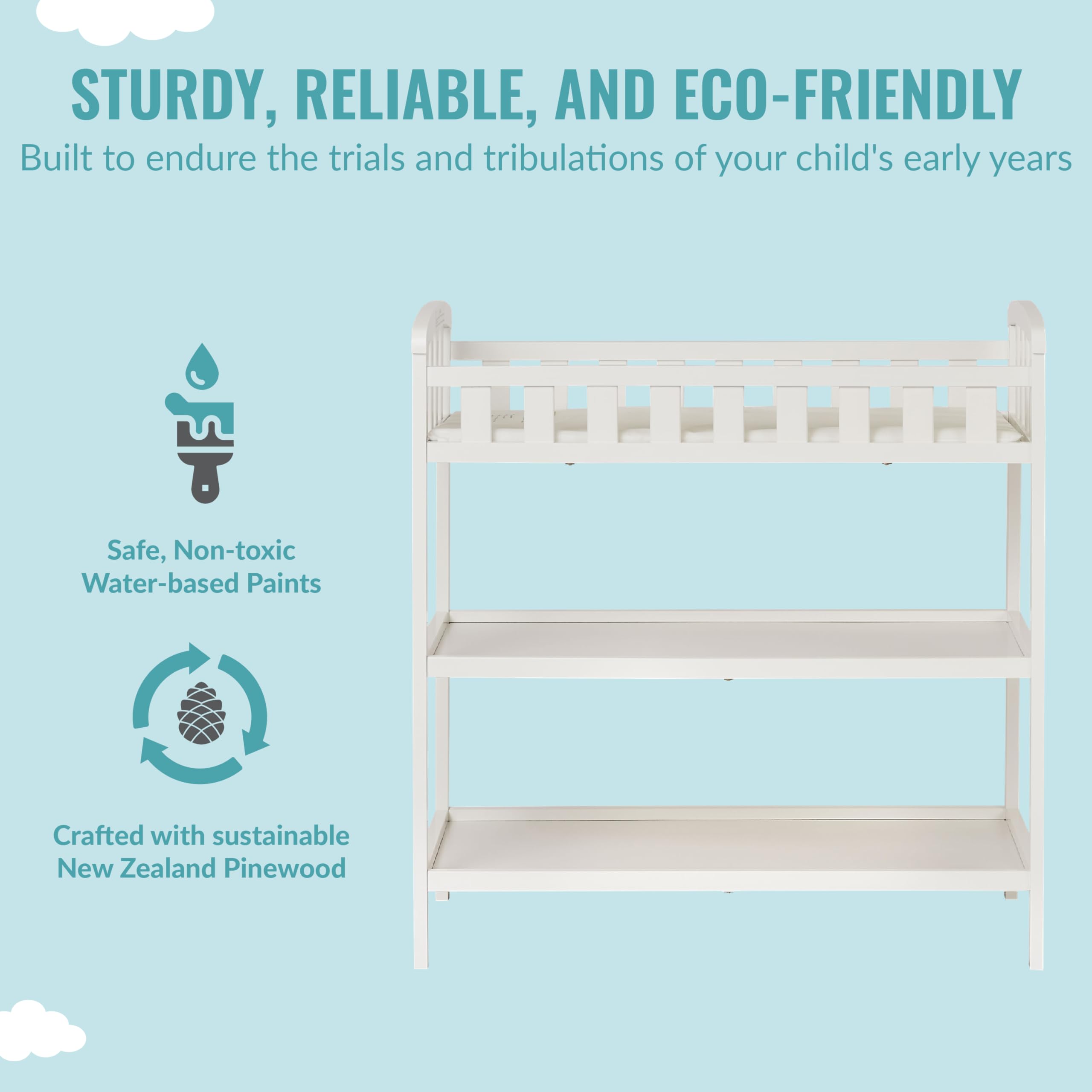 Dream On Me Emily Changing Table In White, Comes With 1 Changing Pad, Features Two Shelves, Portable Changing Station, Made Of Sustainable New Zealand Pinewood