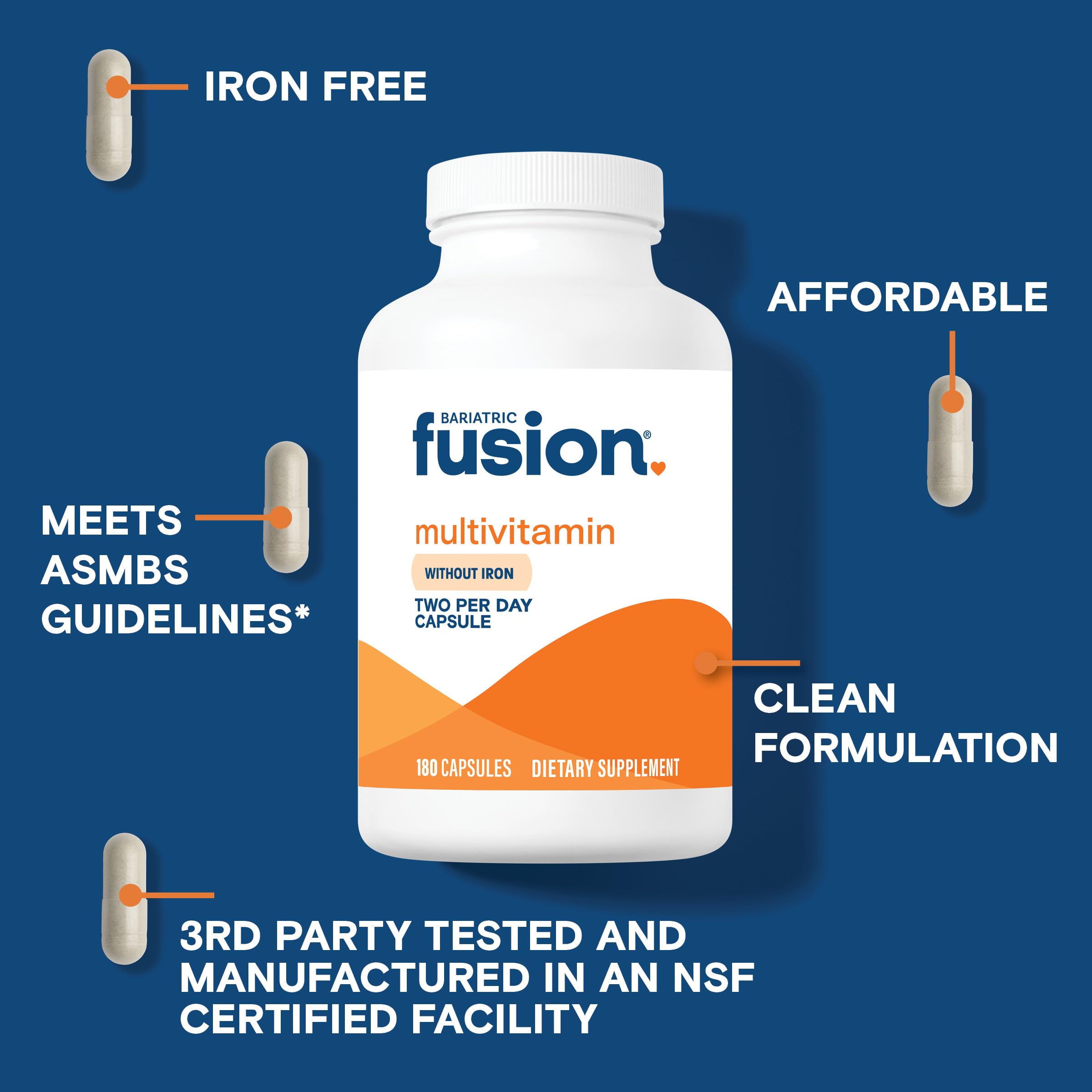 Bariatric Fusion Bariatric Multivitamin Without Iron | Post Bariatric Surgery Patients | Iron Free Bariatric Vitamin for Gastric Bypass and Sleeve Gastrectomy | Capsules | 1 Year Supply