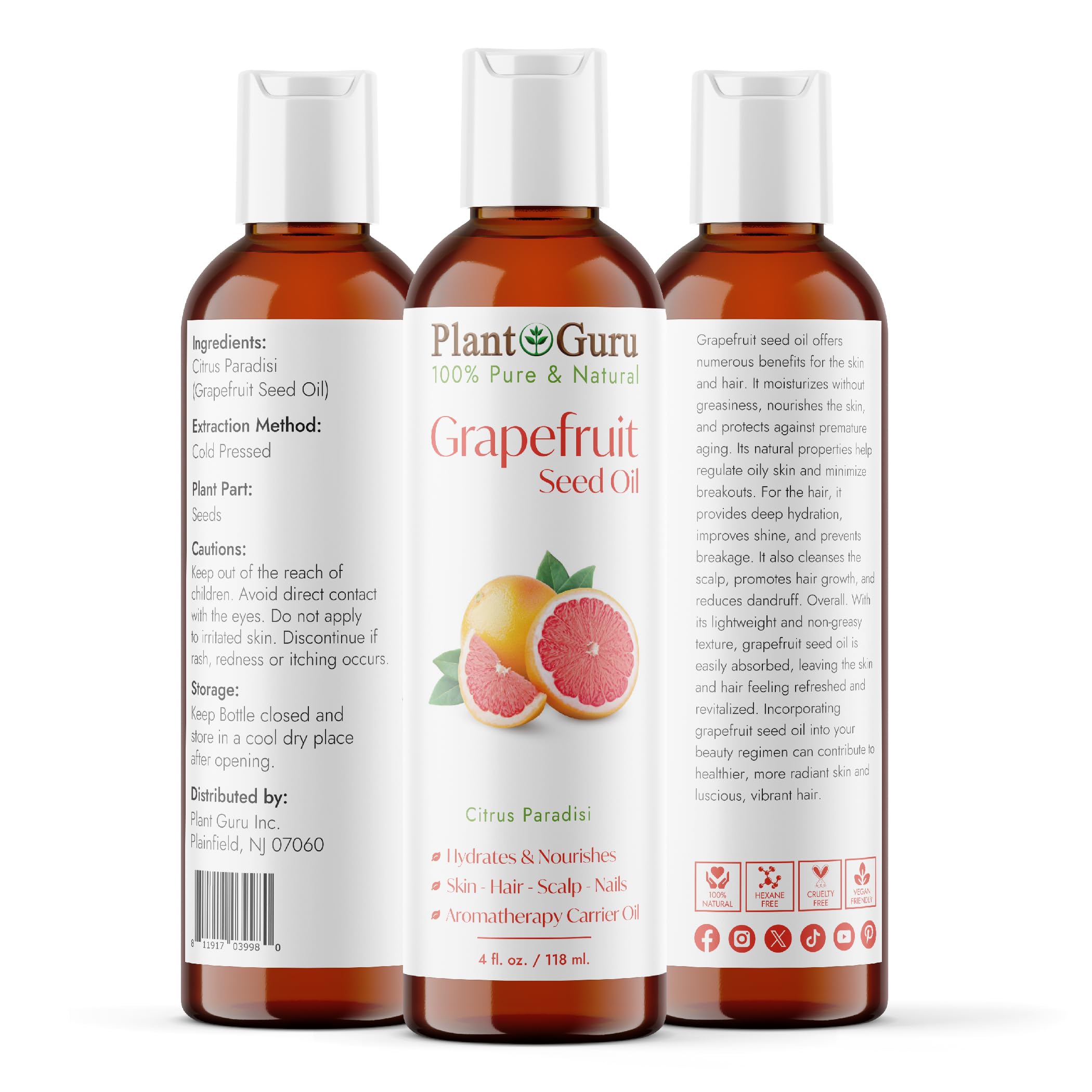 Grapefruit Seed Oil 4 fl. oz. Cold Pressed 100% Pure & Natural Carrier – Skin, Face, Body & Hair Growth Moisturizer. Great for DIY Creams, Lotions, and Lip Balms