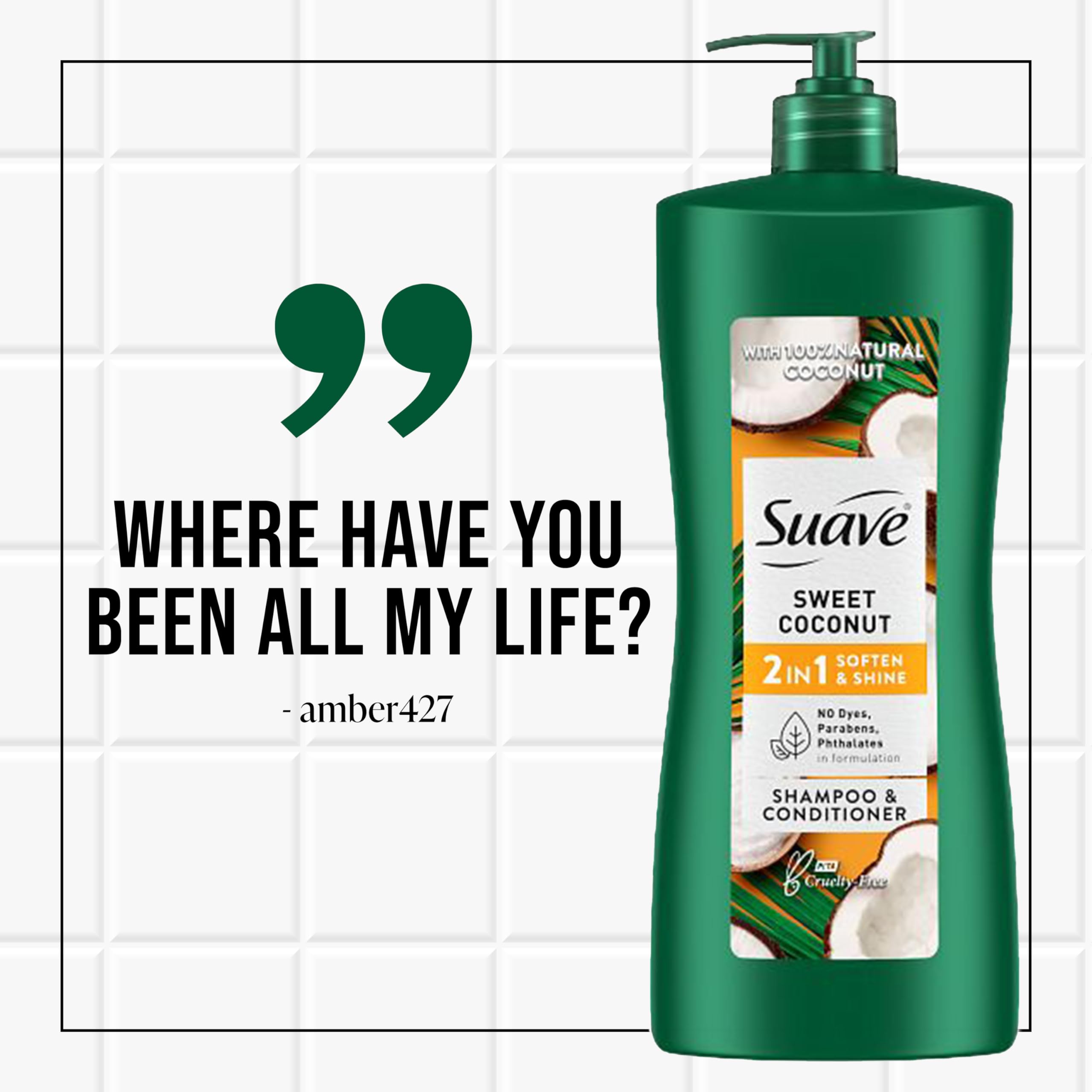 Suave Natural Sweet Coconut 2 In 1 Shampoo & Conditioner with 100% Natural Coconut, for Softening and Shining Hair, No Dyes, No Parabens, No Phthalates, 28 Oz (Pack of 4)