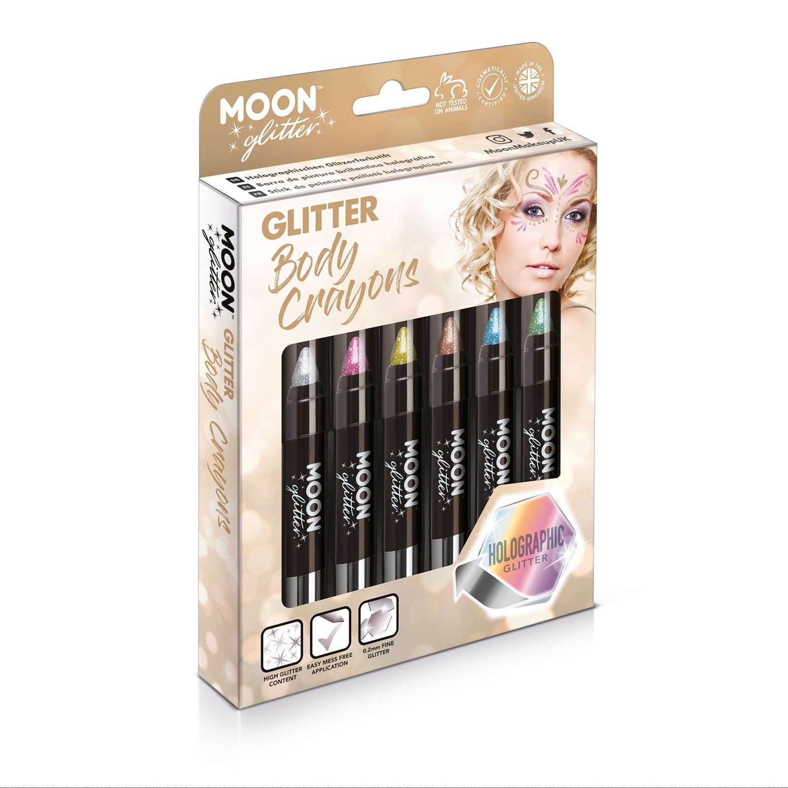 Moon Glitter Holographic Glitter Paint Stick/Body Crayon Makeup For The Face & Body By-3.5G Gift Set Containing 6 Crayons Silver, Pink, Gold, Rose Blue Green