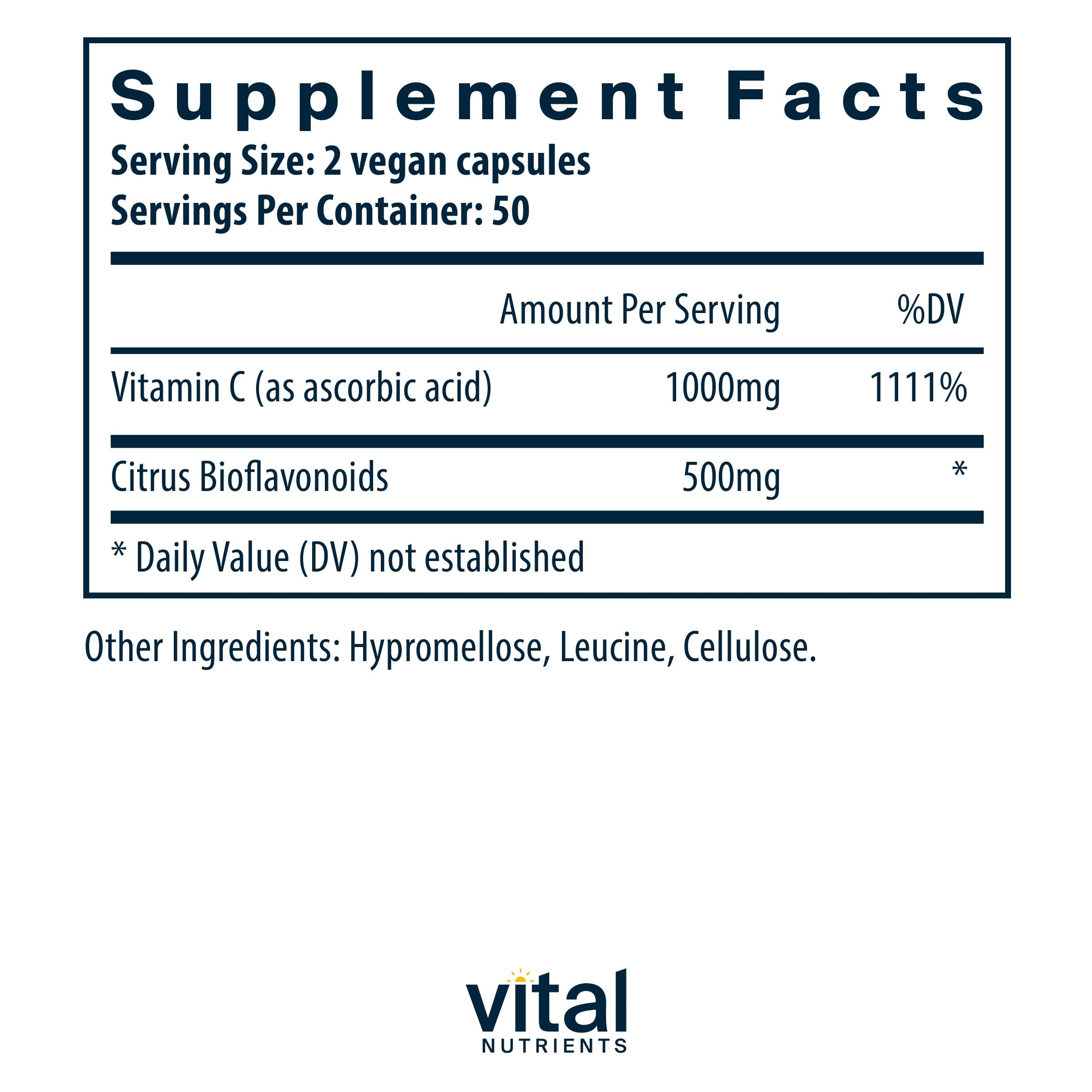 Vital Nutrients Vitamin C with Bioflavonoids | Vegan Supplement for Immune Support* | 1000mg Vitamin C and 500mg Citrus Bioflavonoid | Gluten, Dairy and Soy Free | Non-GMO | 100 Capsules