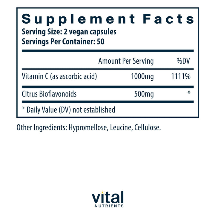 Vital Nutrients Vitamin C with Bioflavonoids | Vegan Supplement for Immune Support* | 1000mg Vitamin C and 500mg Citrus Bioflavonoid | Gluten, Dairy and Soy Free | Non-GMO | 100 Capsules