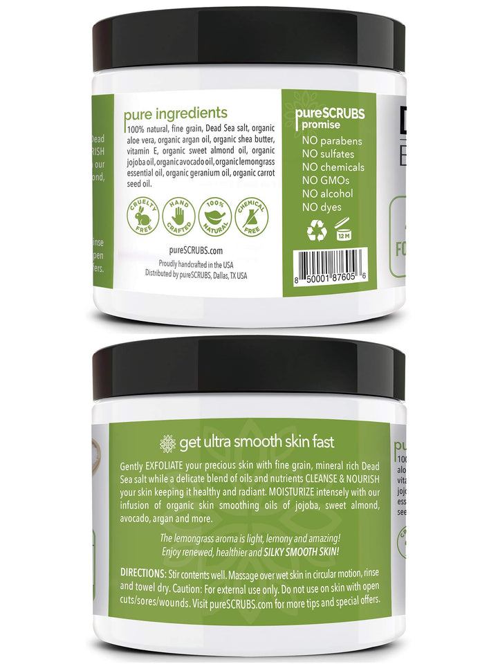 pureSCRUBS Premium Lemongrass Dead Sea Salt Body Exfoliator Scrub, Full Exfoliating Body Scrubber - Large 16oz Jar, Filled With Essential Oils, Includes Spoon, Loofah & Exfoliating Skin Soap