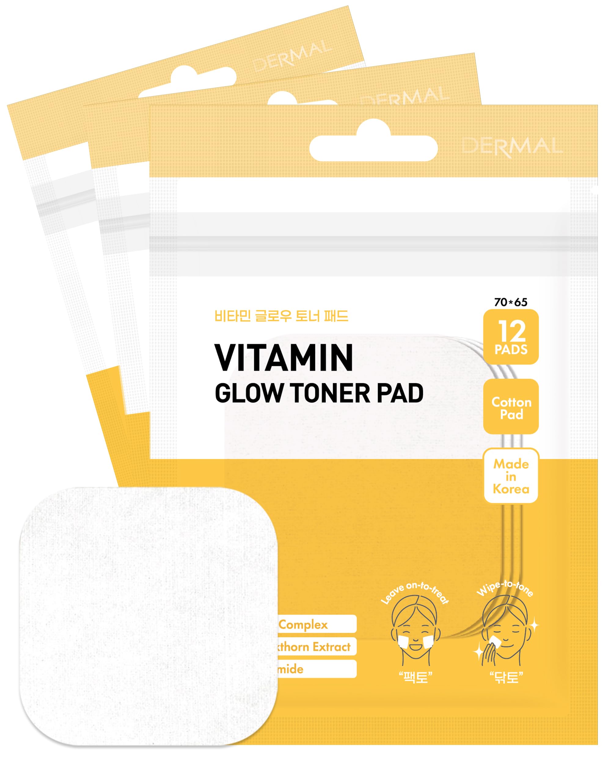 DERMAL Vitamin Toner Pad - Korean Toner Pad for Skin Glow & Vitality Improvement with Vitamin C - Vegan Pure Cotton Square Pads - Travel Kit 12 Pads, 3 Pack (Total 36 Pads)
