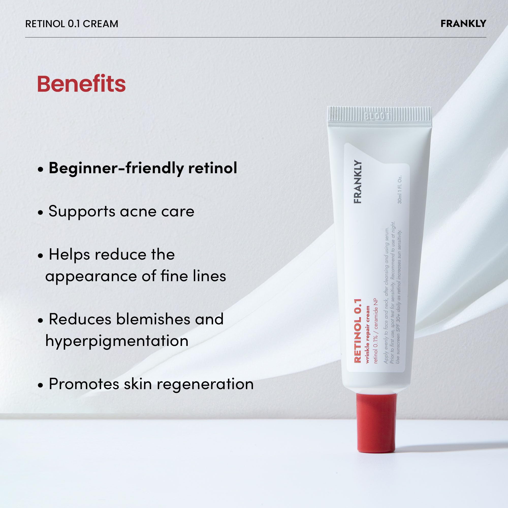 FRANKLY Retinol 0.1% Cream, 1.01 fl oz - Beginner Retinol | Night Cream | with Ceramides & Natural Ginseng | Anti-aging, Wrinkles Care, Reduces Congestion and hyperpigmentation | Korean Skin Care