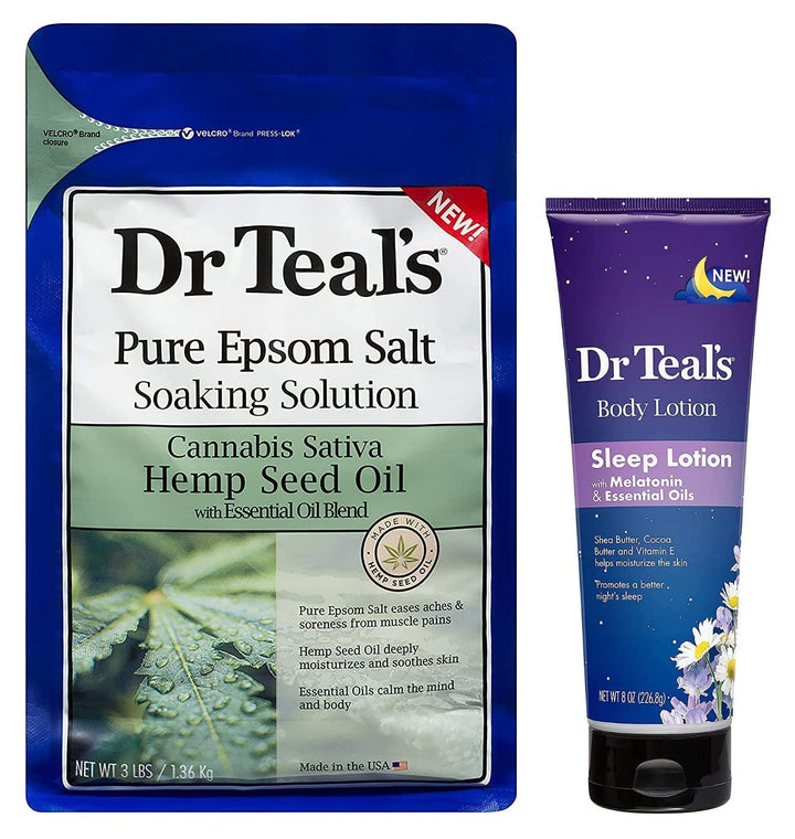 Dr. Teal's Pure Epsom Salt Soak & Sleep Lotion Gift Set - Cannabis Sativa Hemp Seed Essential Oil Blend (3lbs), Nighttime Therapy Melatonin Body Lotion (8oz) - Calms the Senses & Promotes Better Sleep