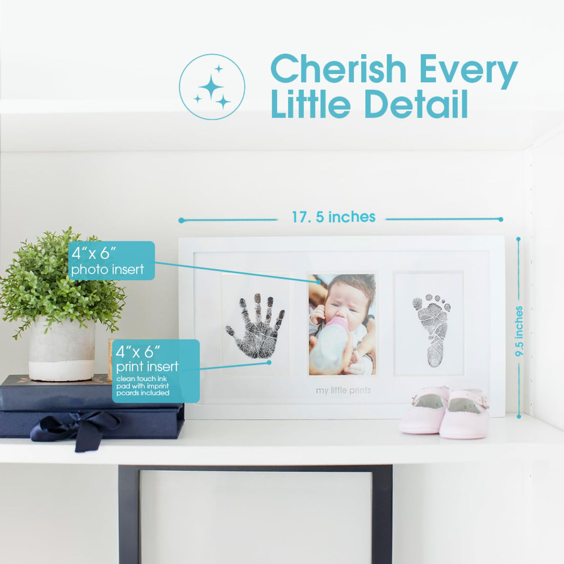 Pearhead Baby Hand and Footprint Kit - Inkless No Mess Clean-Touch Ink Pad, Newborn Keepsake Frame, Nursery Decor Essentials, Perfect Shower Gift for Boys and Girls, White
