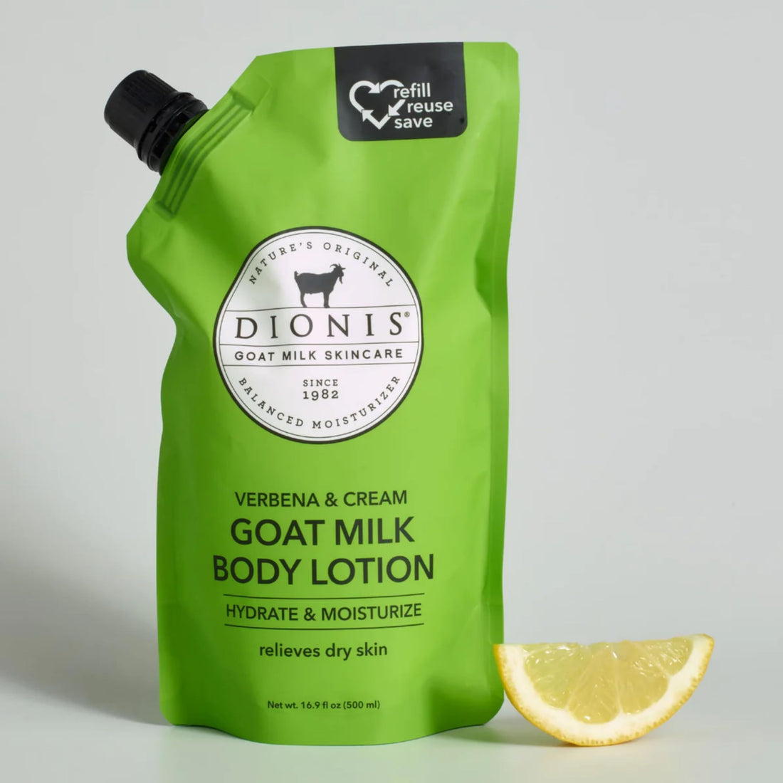 Dionis Goat Milk Skincare Body Lotion 16.9oz Refill Pouch, Cruelty Free Clean Ingredients & Dermatologist Tested Lotion for Dry Skin, Hydrating & Deeply Moisturizing Rich in Vitamins, Verbena & Cream