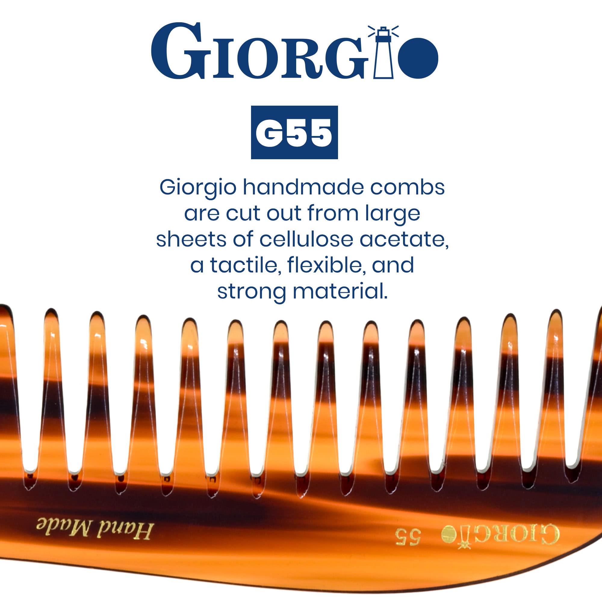 Giorgio G55 8 Hand Made Tortoise Detangling Comb - Wide Teeth. Hand-Made of quality Durable Cellulose.