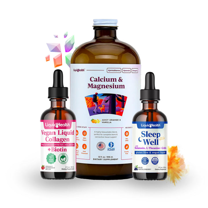 LIQUIDHEALTH Vegan Beauty Sleep Liquid Vitamin Supplement Bundle with Vegan Liquid Collagen + Biotin, Calcium Magnesium Liquid Vitamins, Sleep Well Melatonin Drops - Hair/Skin/Nail Health & Relaxation