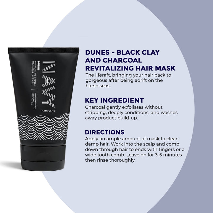 NAVY Dunes Black Clay and Charcoal Revitalizing Hair Mask for Dry Damaged Hair and Growth - Paraben-Free Detoxifying Clay Mask - 4 fl oz