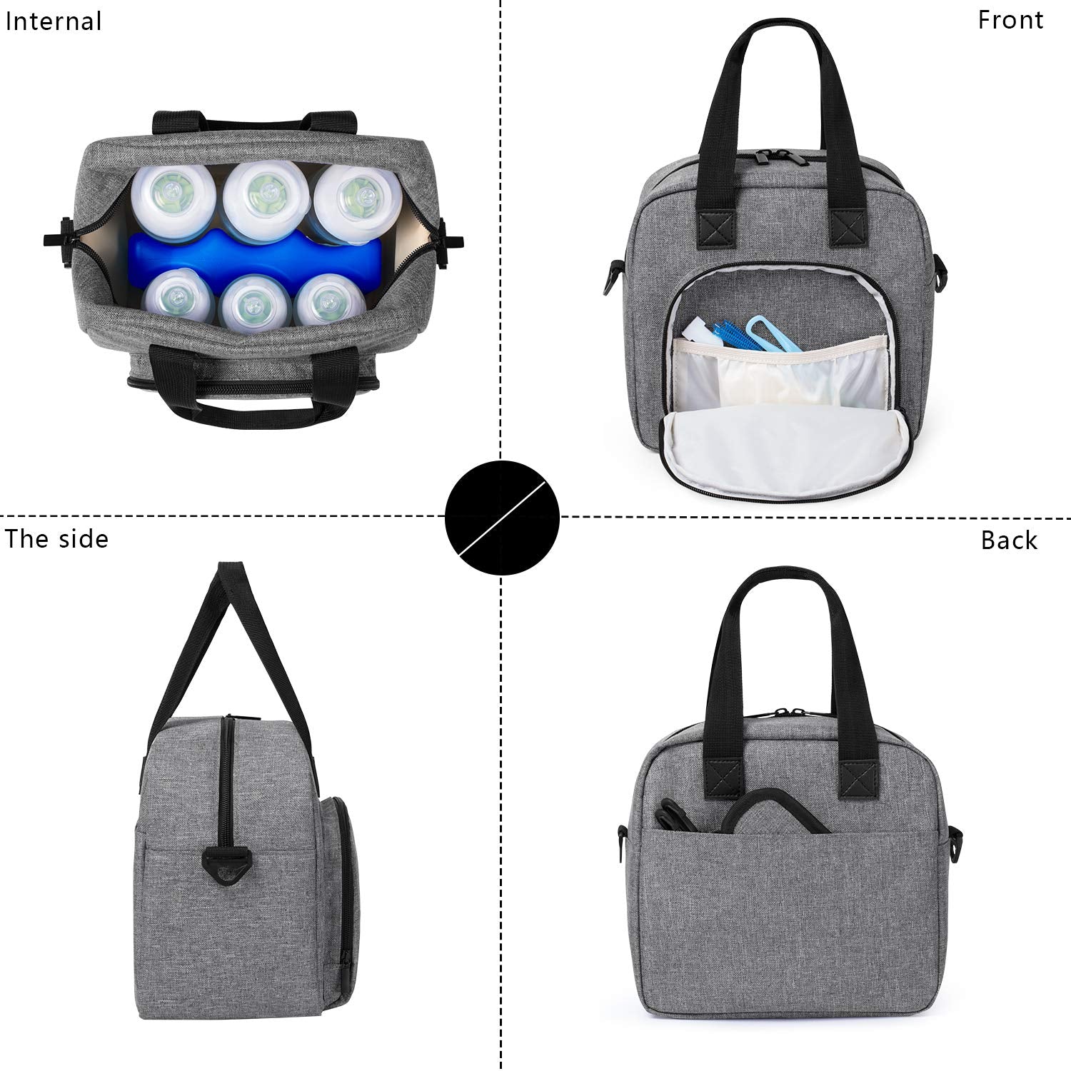 Luxja Breastmilk Cooler Bag with an Ice Pack (Hold 6 Breastmilk Bottles, 5-9 Ounces), Leakproof Cooler Bag for Breast Milk and Bottle Set, Gray