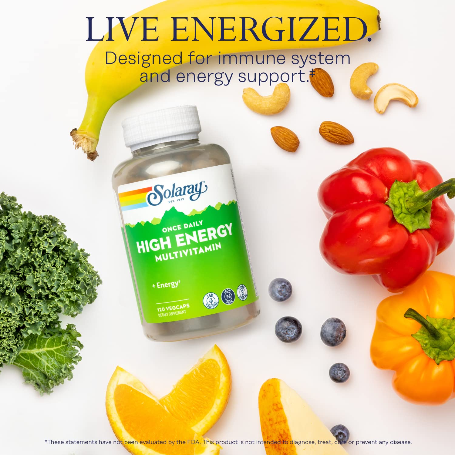 SOLARAY High Energy Multivitamin, No Iron, 1/Day, Timed-Release Formula, Whole Food & Herb Base 120 VegCaps