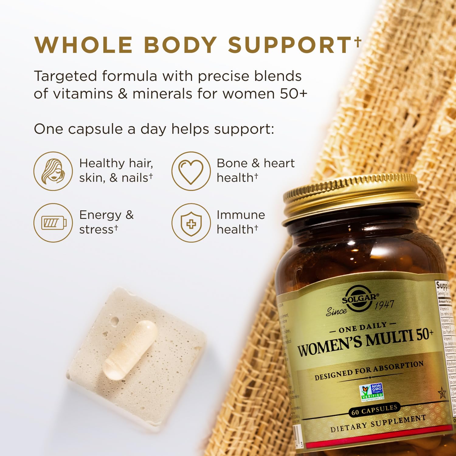 Solgar One Daily Women's Multi 50+ Whole Body Support for Women 50 and Older - Highly Absorbable Heart, Bone & Breast Health, Energy, Stress, Hair Skin & Nails Multivitamin, 60 Vegan Capsule Servings