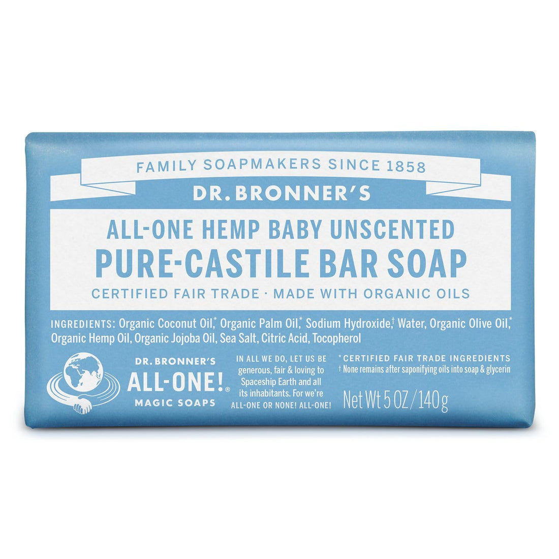 Dr. Bronner's - Pure-Castile Bar Soap (Baby Unscented, 5 ounce, 3-pack) - Made with Organic Oils, For Face, Body, Hair, Gentle for Sensitive Skin, Babies, No Added Fragrance, Biodegradable, Vegan