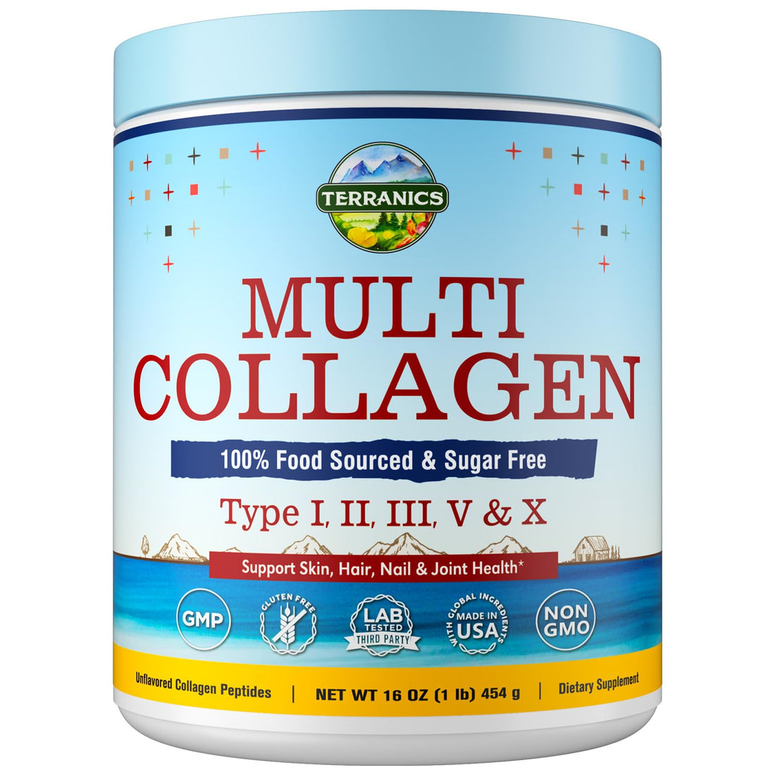 Terranics Multi Collagen Peptides Powder, Type I II III V X Hydrolyzed Collagen for Women+Men, Collagen Supplements for Skin Nail Hair & Joint, Fast Dissolve, Unflavored Colageno, No Sugar, Keto, 16oz