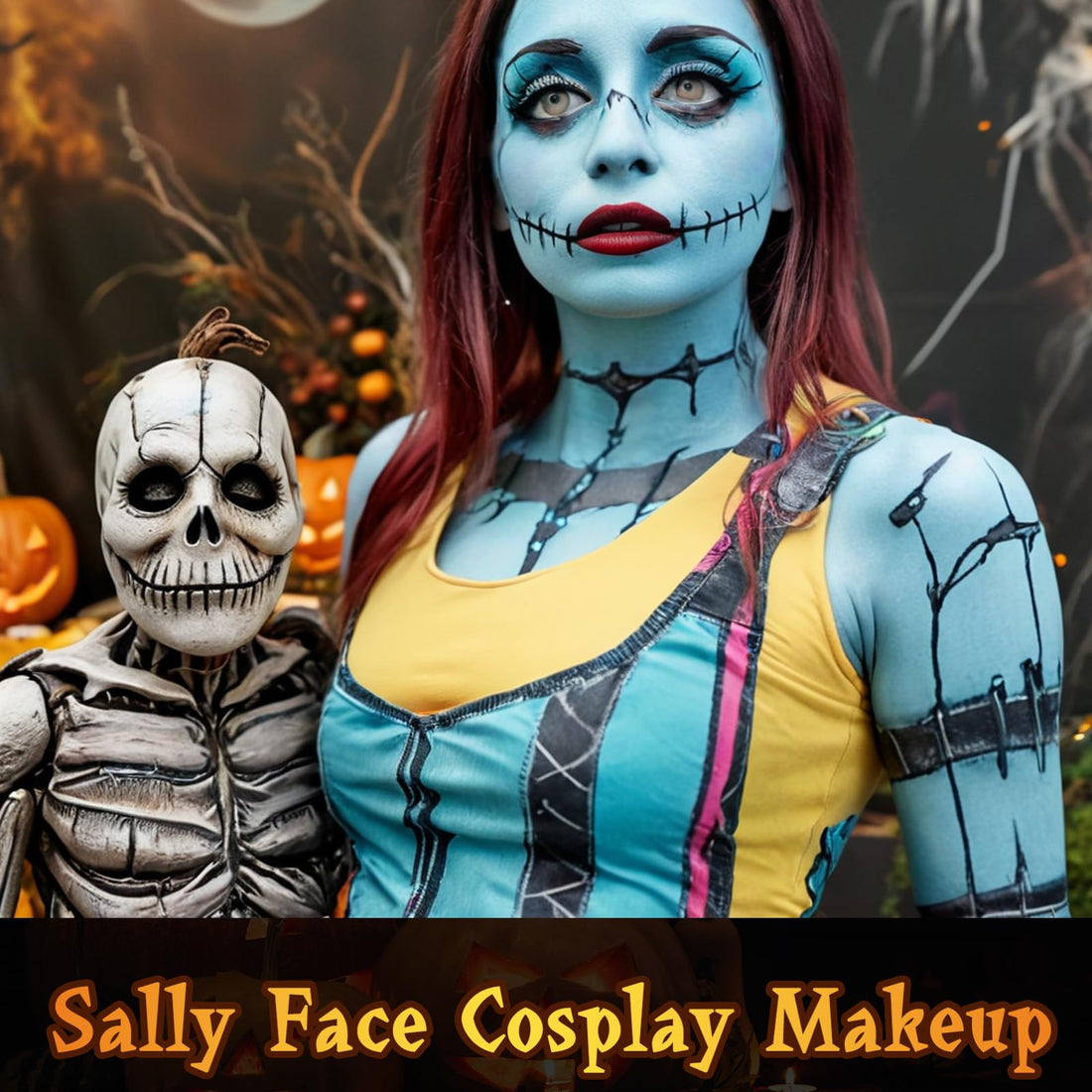 MEICOLY Sally Makeup Kit,Professional Sally Costume Corpse Bride Makeup,Light Blue Face Paint and Setting Powder Halloween Makeup Kit,Sally Face Cosplay,Liquid Eyeliner+False Eyelash+Lipstick+Sponges