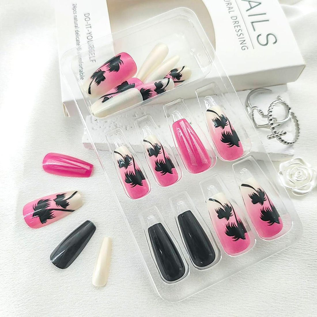 Summer Press on Nails Coffin Medium with Palm Gradient Designs Full Cover Nails Press ons Glossy Glue on Nails Pink False Nails Black Acrylic Nails White Stick on Nails for Women 24Pcs