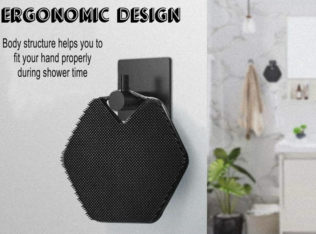 Premium Aquaphor Silicone Exfoliating Body Scrubber with Lather Boosting Bristles, Loofah Sponge, and Eco-Design Essentials- Shower Shelf for Inside Shower -Bathroom Back