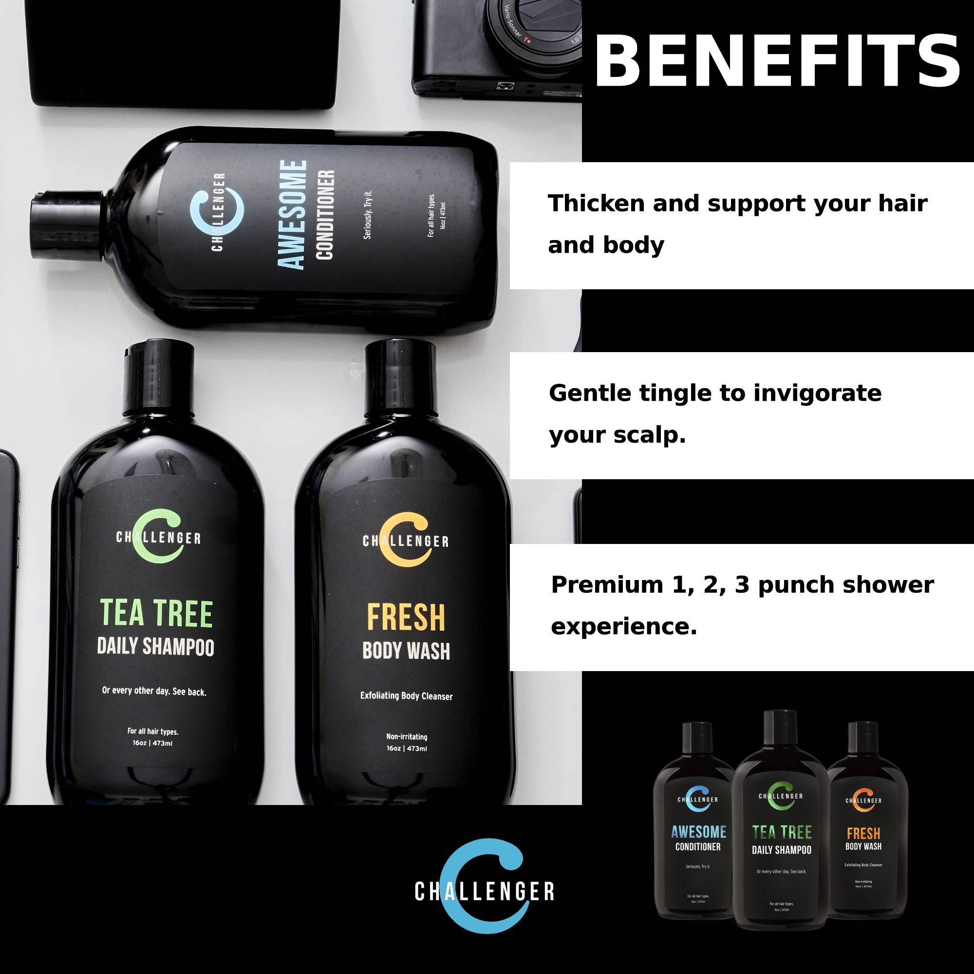 Challenger Men’s Tea Tree Shampoo, Conditioner, & Fresh Body Wash Trio, 3X 16 Oz Bottles | Sulfate Free w/ Vitamins, Argan Oil, Biotin | Keratin, Vitamin C, Vitamin D, Protein, No Artificial Colors