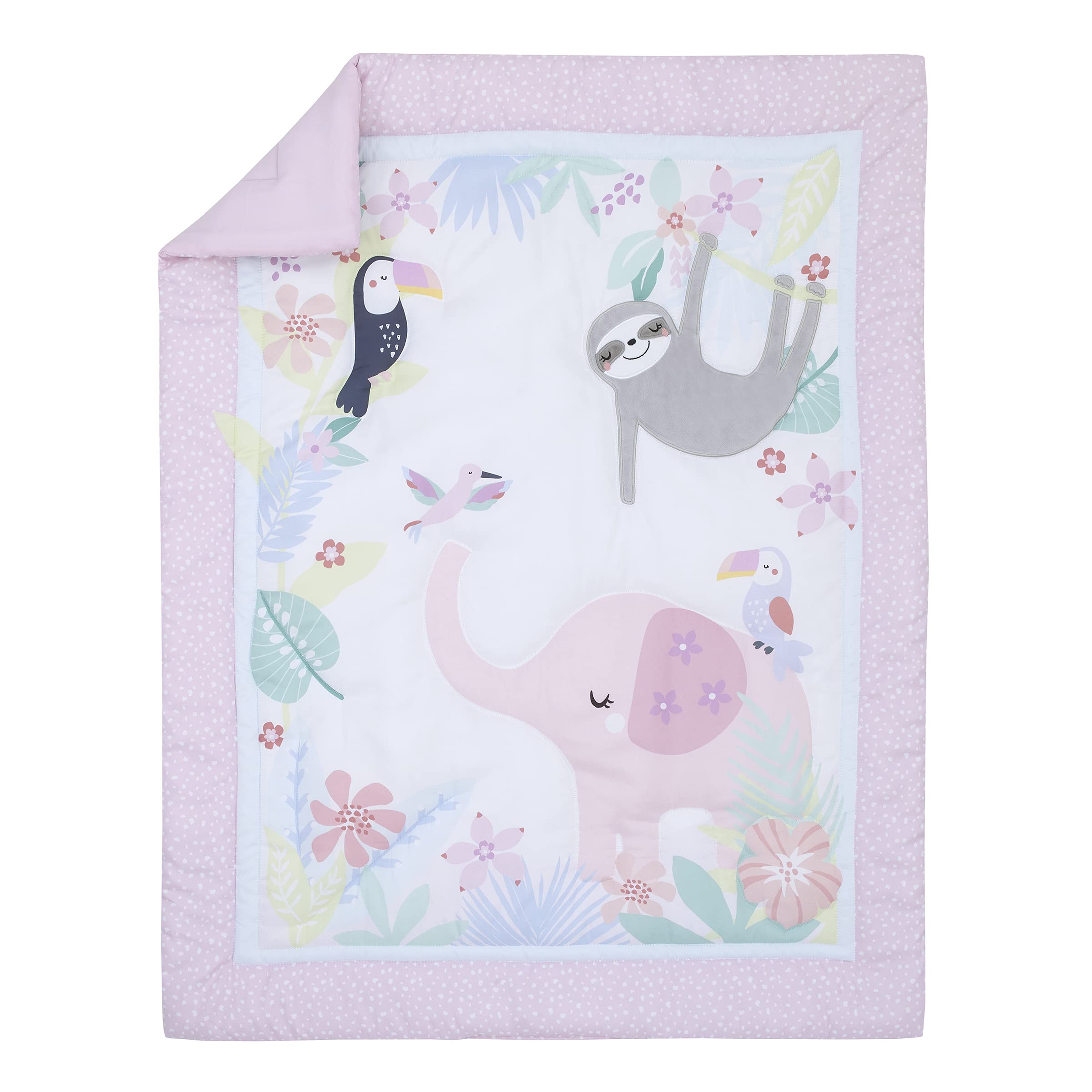 NoJo Little Love Tropical Garden Pink, Green, and White Jungle Animal 3 Piece Nursery Crib Bedding Set - Comforter, Fitted Crib Sheet, and Crib Skirt