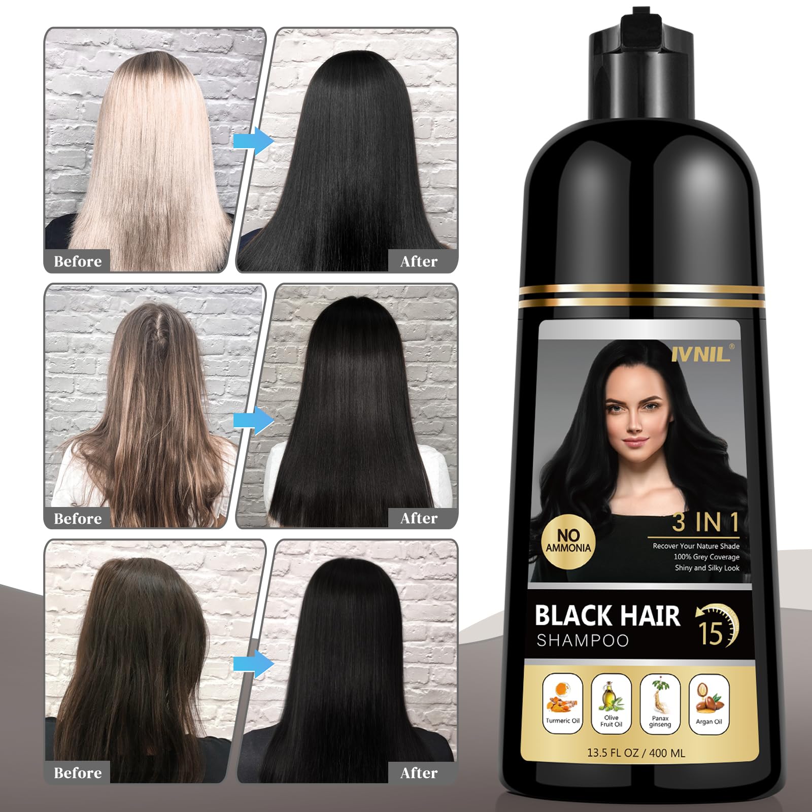 Ivnil Black Hair Dye Shampoo 3 in 1 for gray coverage champu para canas herbal color for women and men 400ML