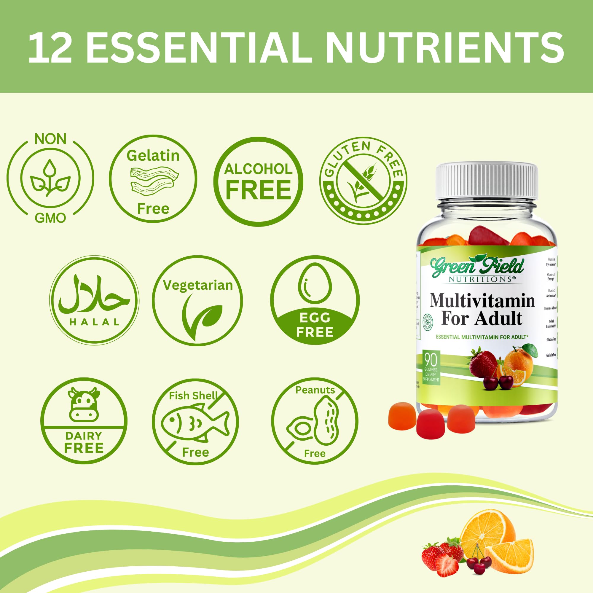 Greenfield Nutritions Halal Multivitamins for Adults | 90 Halal Vitamins for Women & Men | All Essential Gelatin Free Halal Gummy Vitamin, Mineral, Folic Acid, Biotin, Gluten Free, Non-GMO, Vegetarian