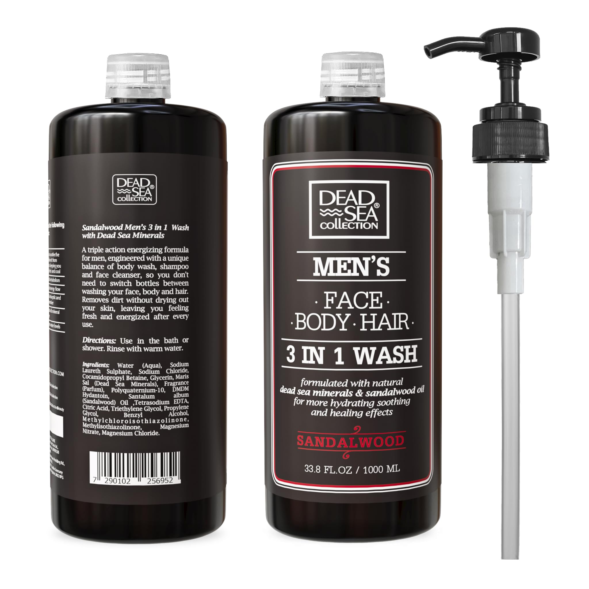 Dead Sea Collection Mens Body Wash 3 in 1 – Sandalwood Body Wash for Men – Shower Gel – Shampoo – Shower Soap for Face and Hair (33.8 Fl. Oz)