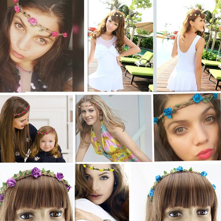 HOPEANT 18 Pieces Multicolor Flower Headband Women Girl Bohemian Flower Crown Garland Headbands with Elastic Ribbon