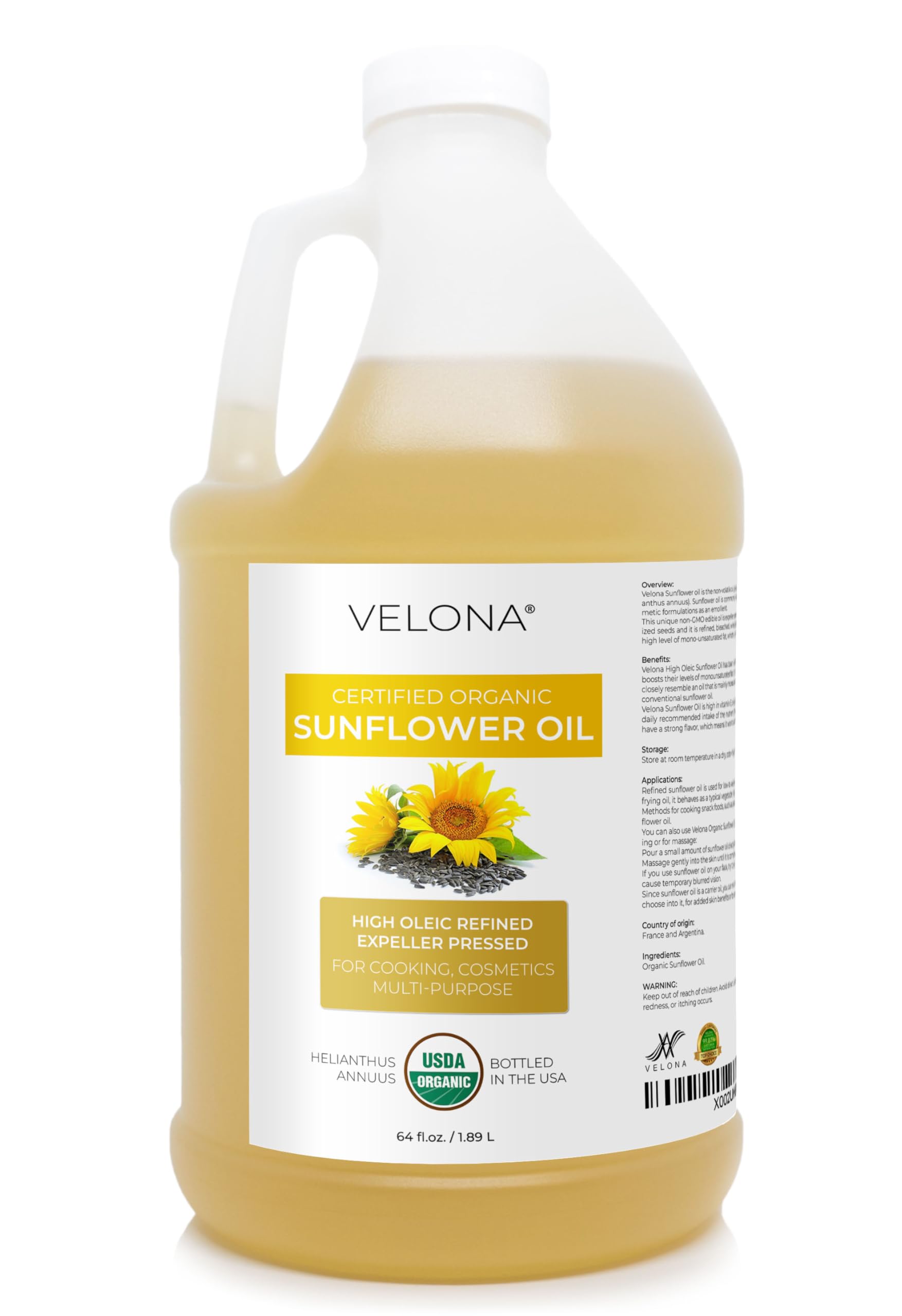 velona USDA Certified Organic Sunflower Oil - 64 Fl Oz | 100% Pure and Natural Carrier Oil | High Oleic, Refined, Expeller Pressed | Cooking, Skin, Hair, Body & Face Moisturizing