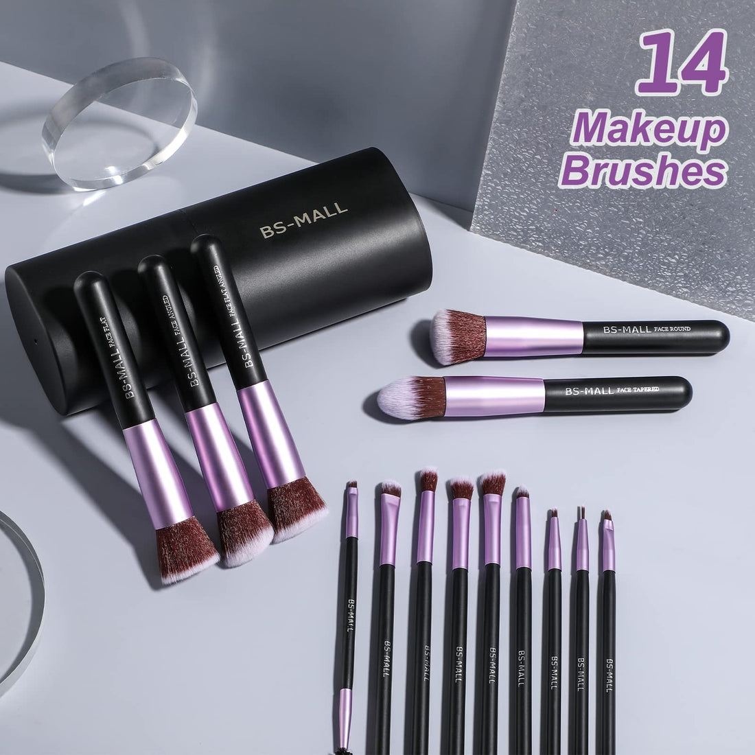 BS-MALL Makeup Brushes Premium Synthetic Foundation Powder Concealers Eye Shadows 14 Pcs Purple for Makeup Beginner or Professional with Travel Case