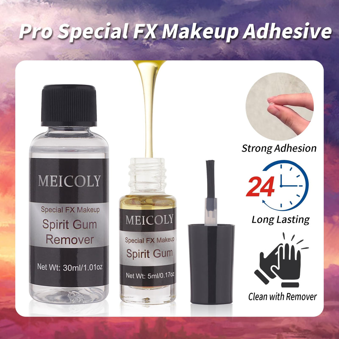 MEICOLY Spirit Gum Adhesive and Remover Combo Kit,Prosthetic Bald Cap Adhesive Glue,Face Skin Glue for Costume,Pro Makeup Glue Adhesive for Face Body Mustache Beard