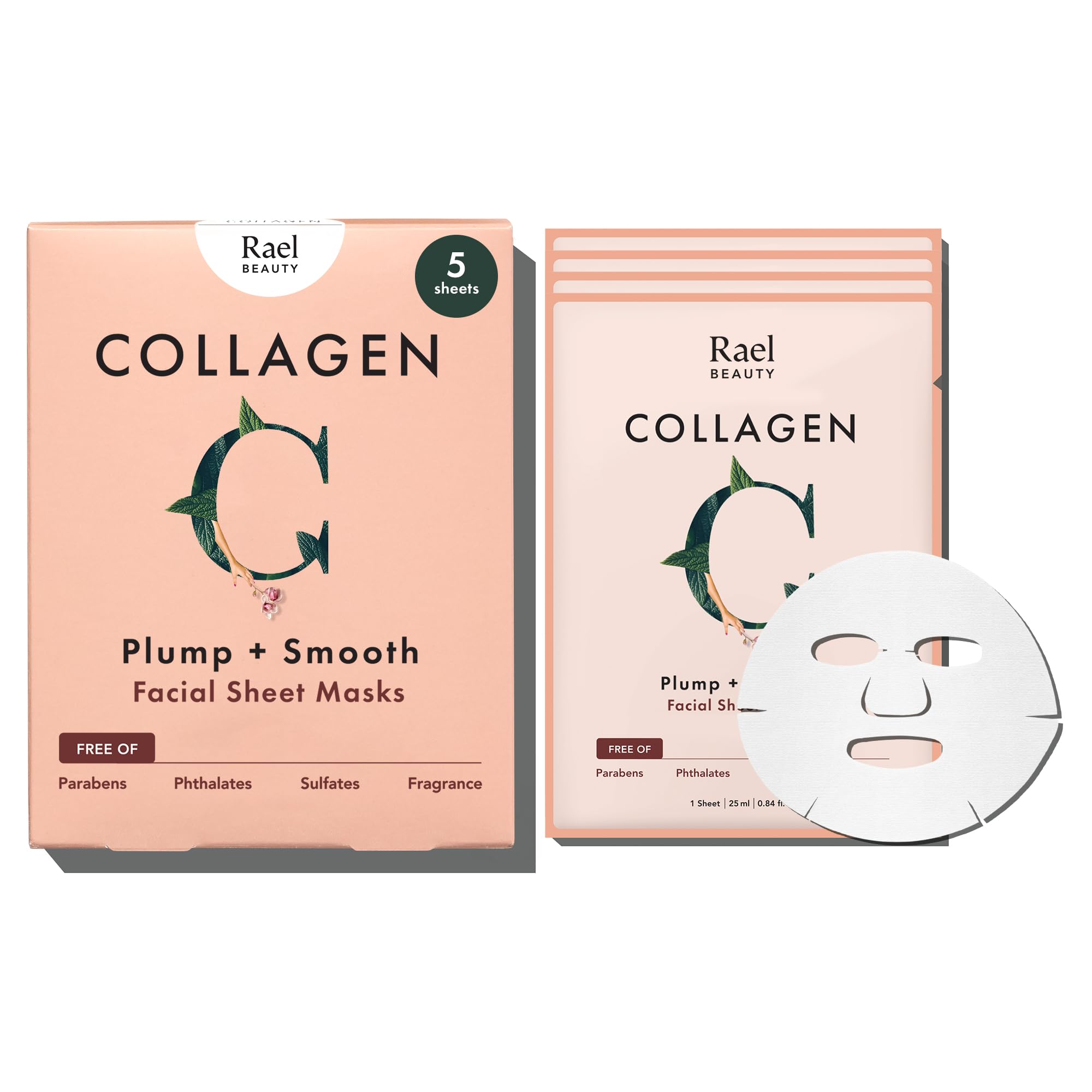 Rael Face Mask Skin Care, Collagen Face Masks - Bamboo Facial Sheet Mask, Korean Skincare, with Collagen Essence and Fruit Extracts, Nourishing and Moisturizing, All Skin Types (Collagen, 5 Sheets)