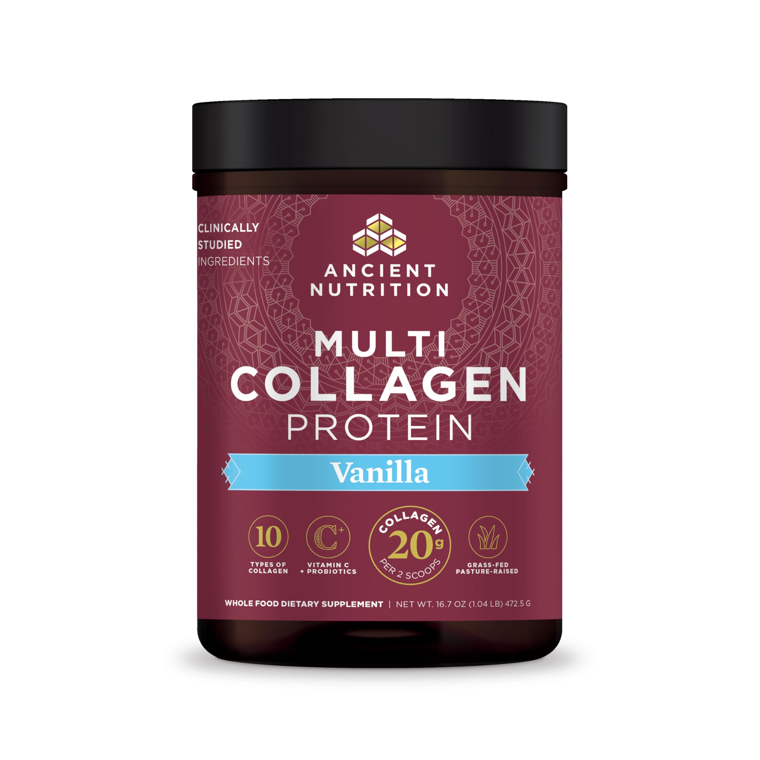 Collagen Powder Protein by Ancient Nutrition, Multi Collagen Vanilla Protein Powder, 45 Servings, with Vitamin C, Hydrolyzed Collagen Peptides Supports Skin and Nails, Gut Health, 16.7oz