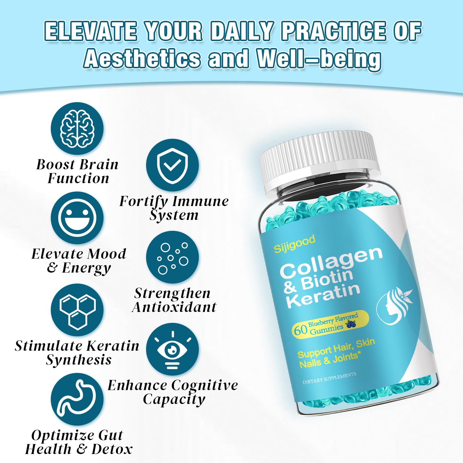 Sijigood 2 Pack Biotin Gummies with Collagen, Keratin, Hyaluronic Acid, Vitamin for Skin, Hair Growth, Nails, Women Men Adults Kids - Blueberry Flavored, 120 Gummies