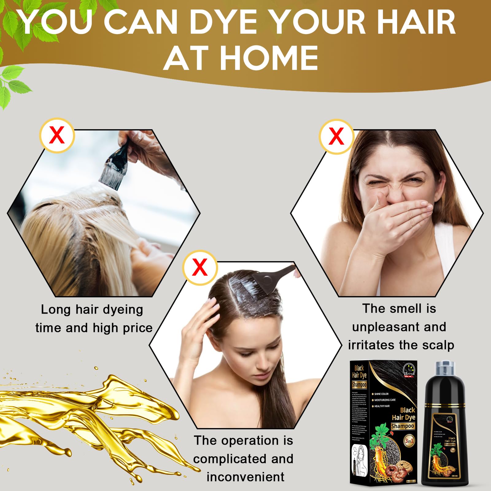 Temgofeau Hair Dye Shampoo for Gray Hair, 3 in 1 Herbal Dye for Women Men, Hair Color Shampoo 500ml (Black)