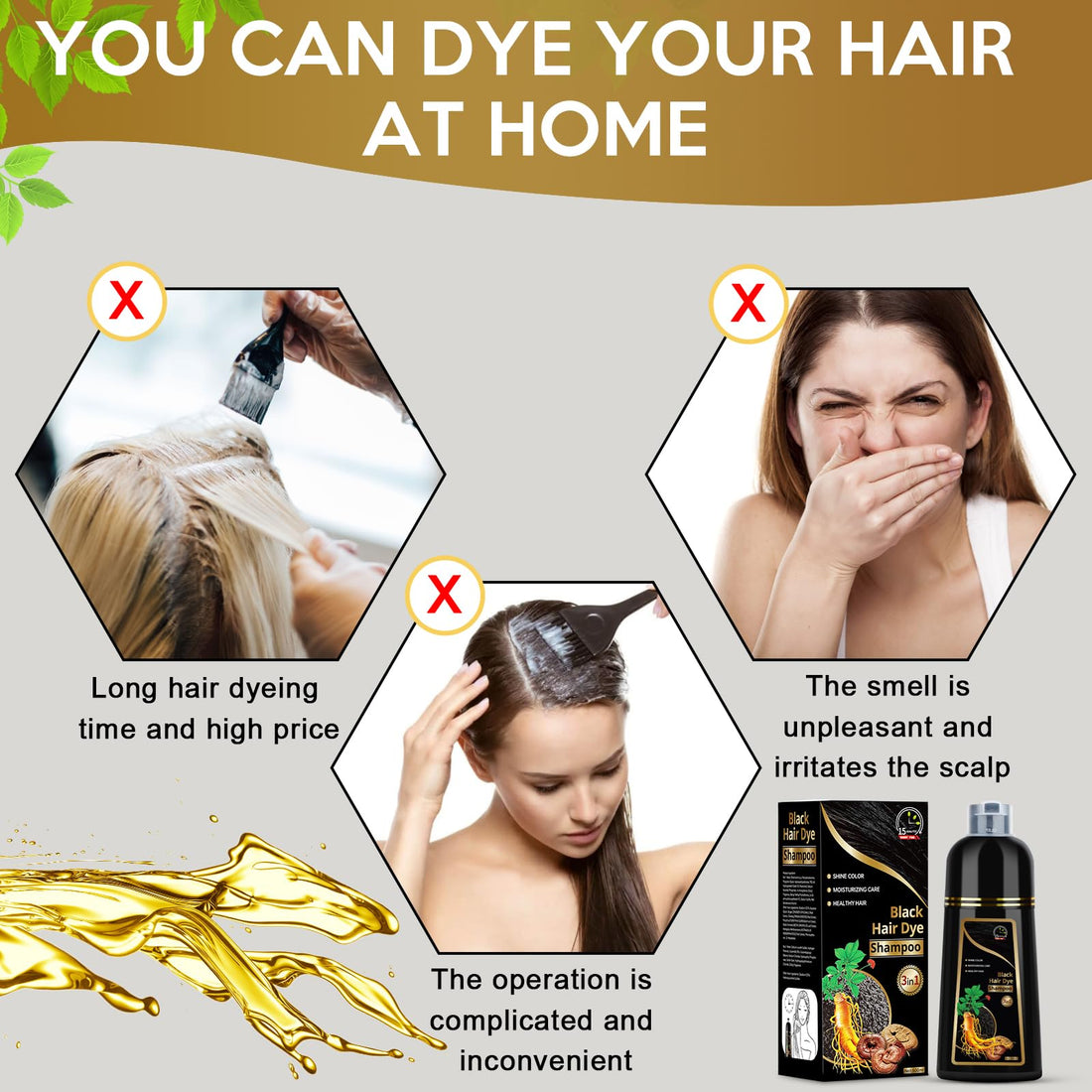 Temgofeau Hair Dye Shampoo for Gray Hair, 3 in 1 Herbal Dye for Women Men, Hair Color Shampoo 500ml (Black)