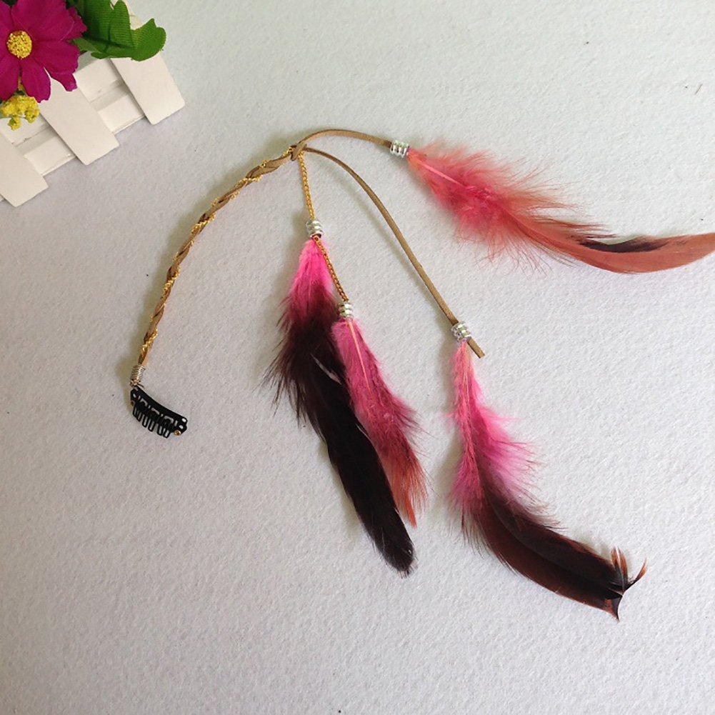 6PCS Women Lady Girls Handmade Boho Hippie Hair Extensions with Feather Clip Comb DIY Accessories Hairpin Headdress