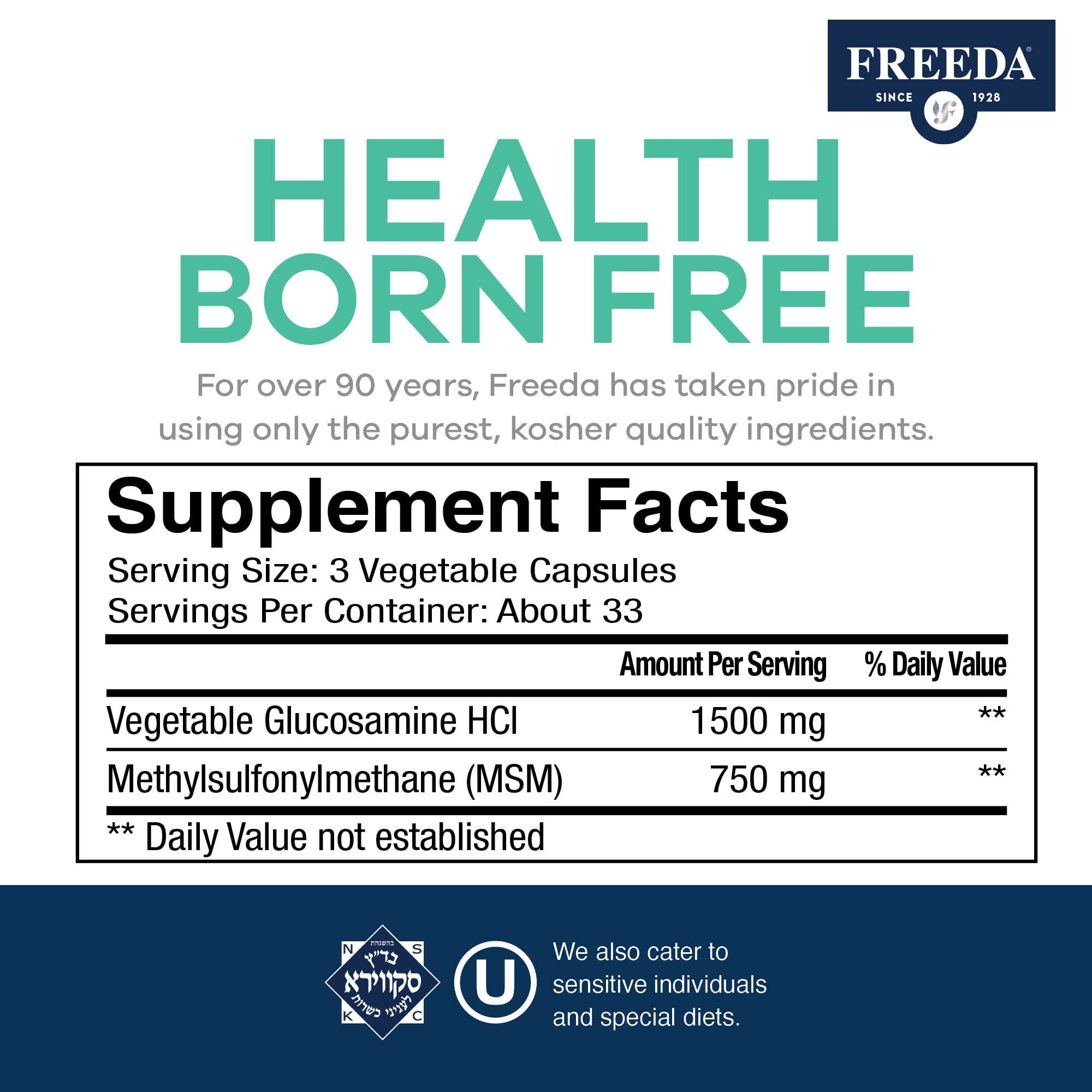 FREEDA Glucosamine MSM - Vegan Glucosamine with MSM Supplement - Bone & Joint Health Supplement - Vegetarian Glucosamine Without Shellfish - Bone & Joint, Knee Supplement for Mobility (250 Capsules)