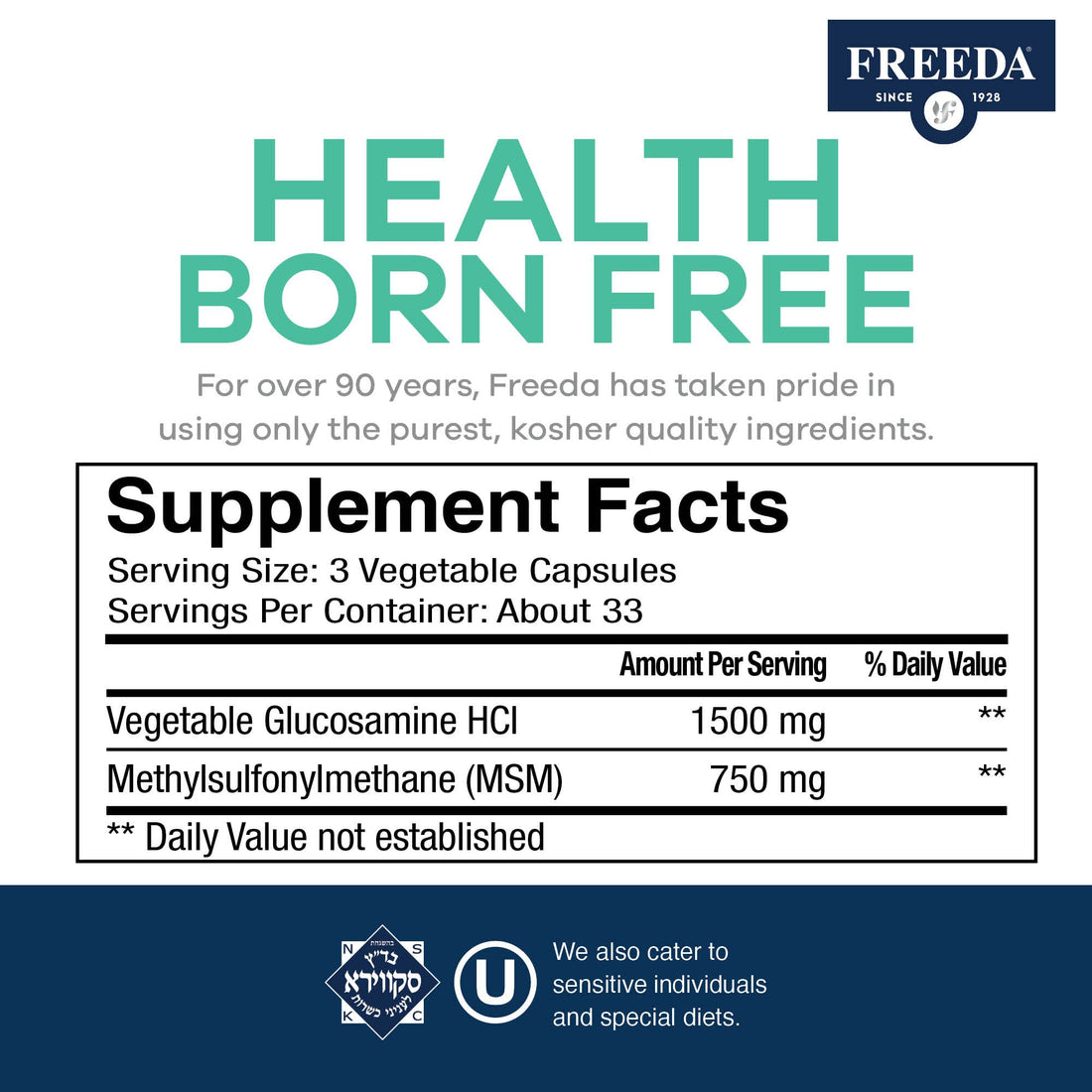 FREEDA Glucosamine MSM - Vegan Glucosamine with MSM Supplement - Bone & Joint Health Supplement - Vegetarian Glucosamine Without Shellfish - Bone & Joint Supplement for Mobility (100 Capsules)