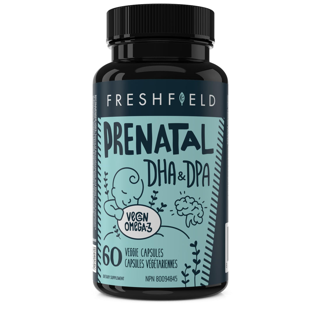 Freshfield Vegan Omega 3 DHA: Sustainable, Carrageenan Free, Third Party Tested, Compostable Bottle, Carbon Neutral. Supports Heart, Brain, Joint Health w/DPA (Prenatal 60 Count (Pack of 1))