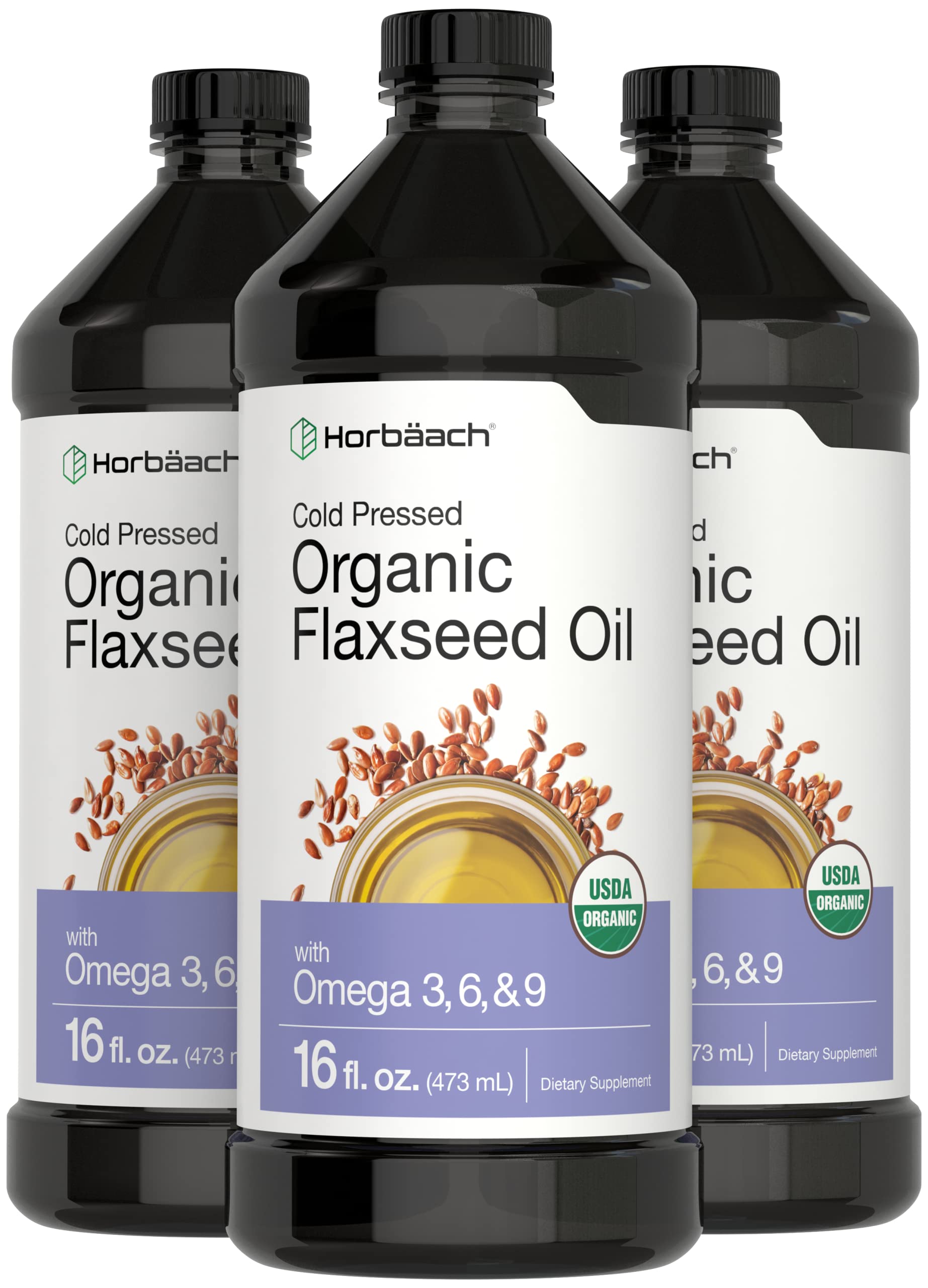 Horbäach Organic Flaxseed Oil | 3 Pack | 16 fl oz Each | Cold Pressed | with Omega 3, 6, 9 | Vegetarian, Non-GMO, Gluten Free Liquid