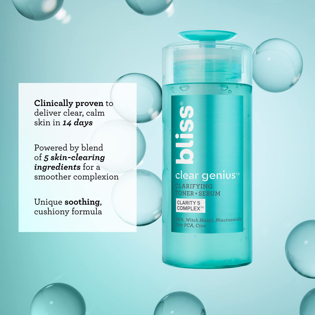 Bliss Clear Genius Clarifying Toner + Serum - 4.3 Fl Oz - Purifies Pores, Tones, Calms & Clears Skin - Salicylic Acid, Niacinamide & Witch Hazel - Clean Paraben Free - Vegan & Cruelty-Free