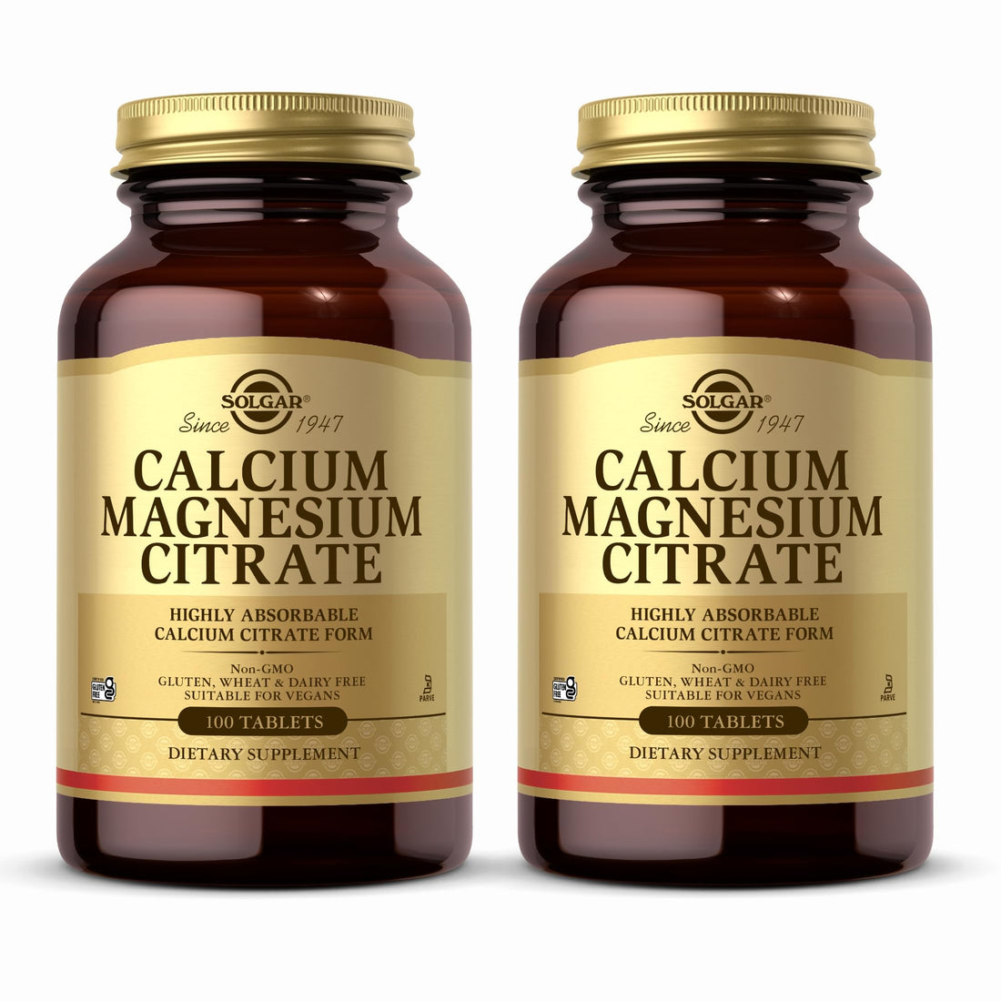 Solgar Calcium Magnesium Citrate - 100 Tablets, Pack of 2 - Non-GMO, Vegan, Gluten Free, Kosher - 40 Total Servings