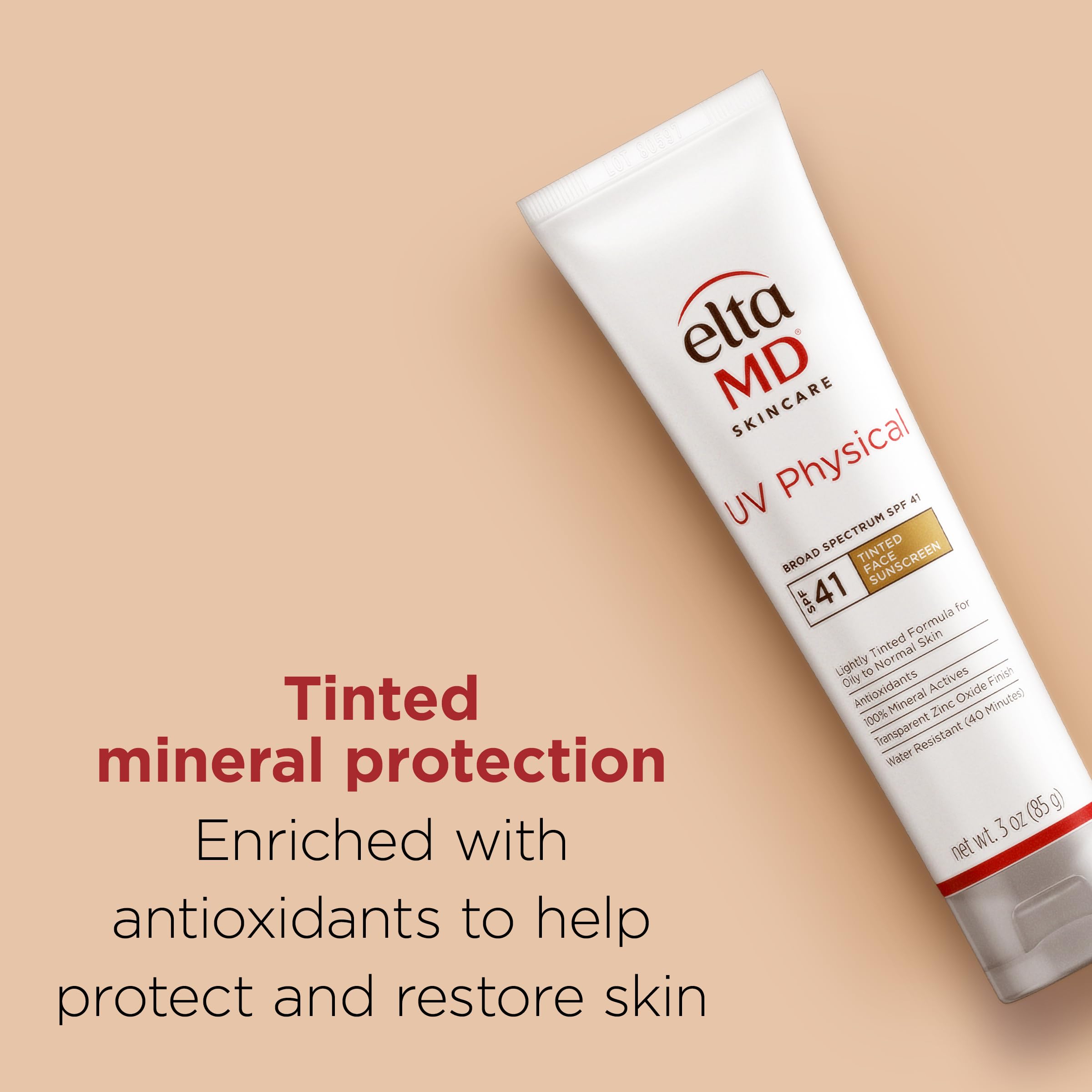 EltaMD UV Physical Tinted Sunscreen for Face, SPF 41 Tinted Sunscreen, 100% Mineral Active Sunscreen, 3.0 oz Tube
