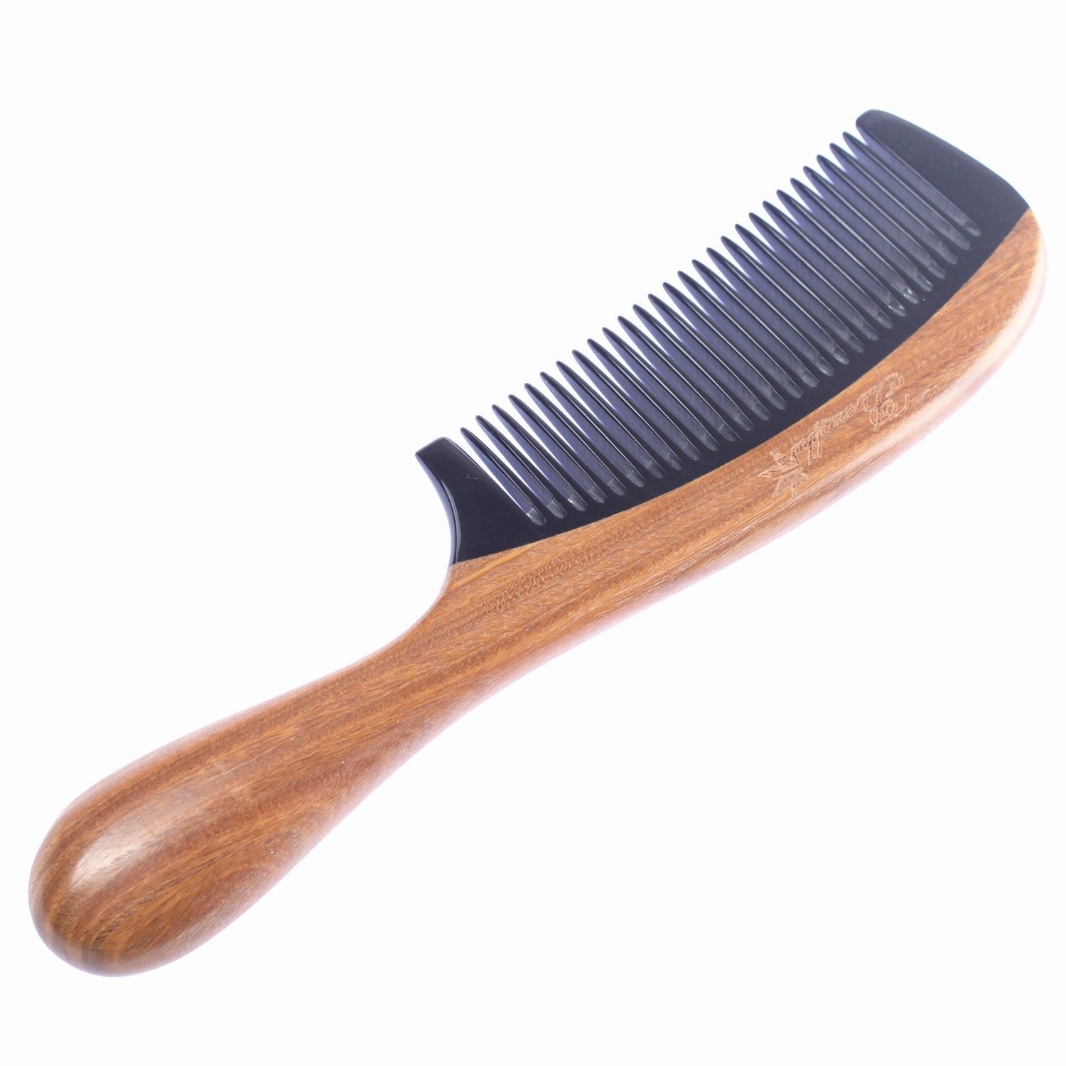 Breezelike No Static Black Buffalo Horn Fine Tooth Comb with Round Sandalwood Handle