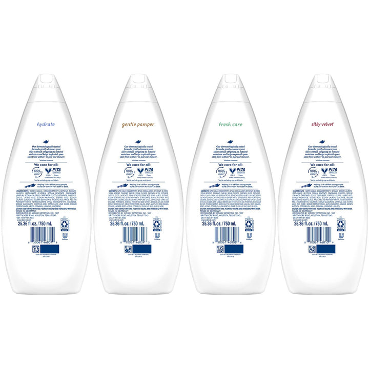 Dove Body Wash Value-Size Variety 6-Pack – Hydrate, Gentle Pamper, Fresh Care, and Silky Velvet, Family Size, 25.36 Oz Ea